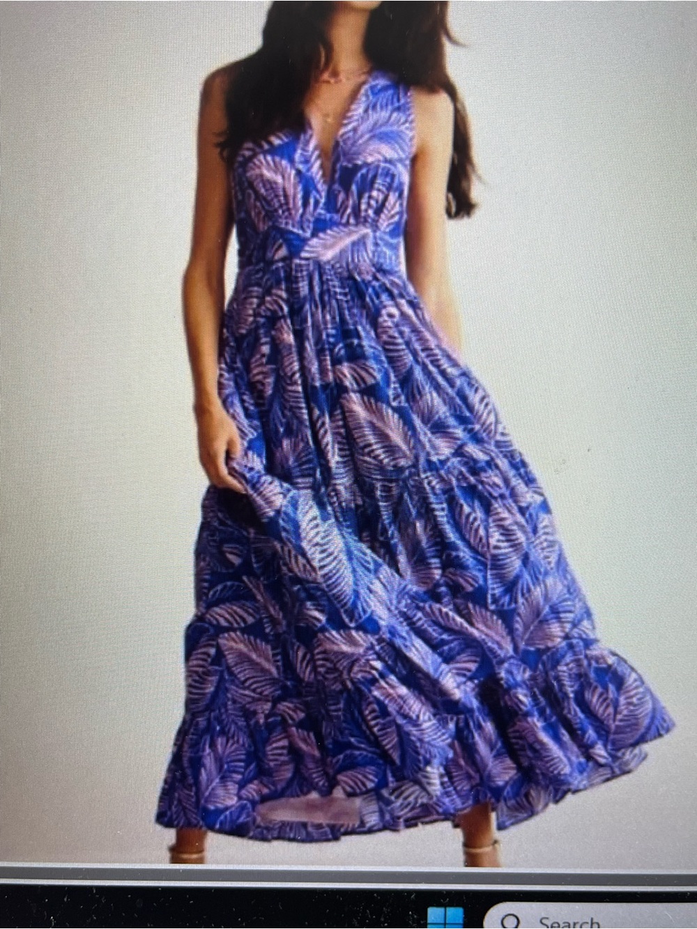 NWOT Biden Cotton Maxi Tie-neck dress in Surf the Web, Calathea leaf. Size 16-18